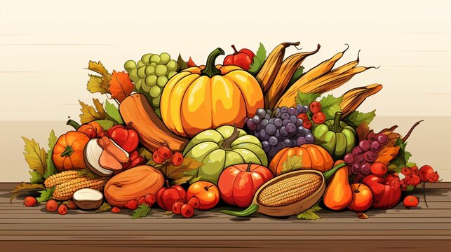 Hand-drawn vector illustration of a cornucopia overflowing with seasonal fruits and vegetables, symbolizing abundance and gratitude for Thanksgiving