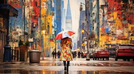 lonely young girl walking on the street with umbrella, lonely woman walking on the street, lonely girl with umbrella - obrazy, fototapety, plakaty