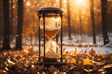 time going by in beautiful hourglass on autumn leaves. ai generative - obrazy, fototapety, plakaty