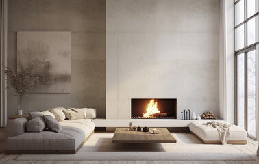 living room with fireplace in the style of minimalis