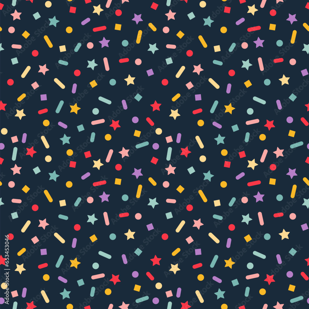 Aufkleber Abstract Seamless Pattern with Confetti and Stars. Fun Carnival Party Texture. Vector Background