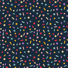 Abstract Seamless Pattern with Confetti and Stars. Fun Carnival Party Texture. Vector Background