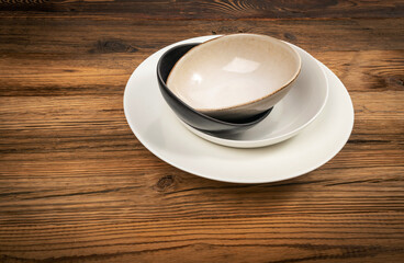 Various Bowl Stack Mockup on Rustic Wooden Texture Background