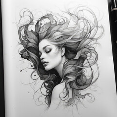 woman with long hair lady drawing sketch - by generative ai