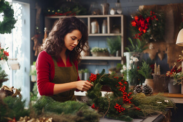 Young woman makes traditional Christmas decoration and wreath at florist shop