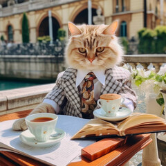 Elegant cat drinking coffe and reading a book in the city. Illustration. Created with AI technology. - 653453464