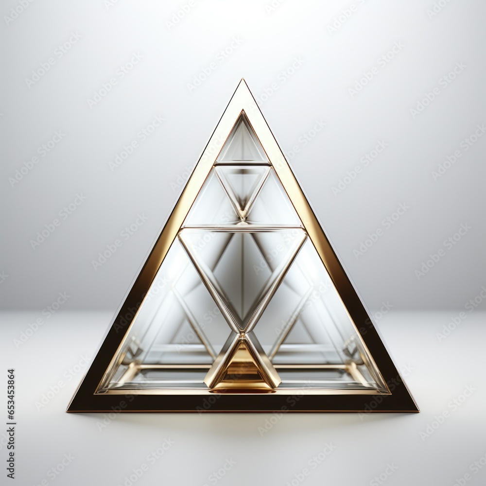 Poster a triangular glass display case with a gold frame. imaginary geometric object.