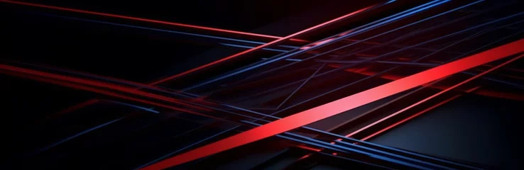 Foto op Aluminium Black red blue abstract modern background for design. Dark. Geometric shapes. 3d effect. Diagonal lines, stripes. Triangles. Gradient. Light, glow. Metallic sheen. Minimal. Web banner. Wide © PawsomeStocks