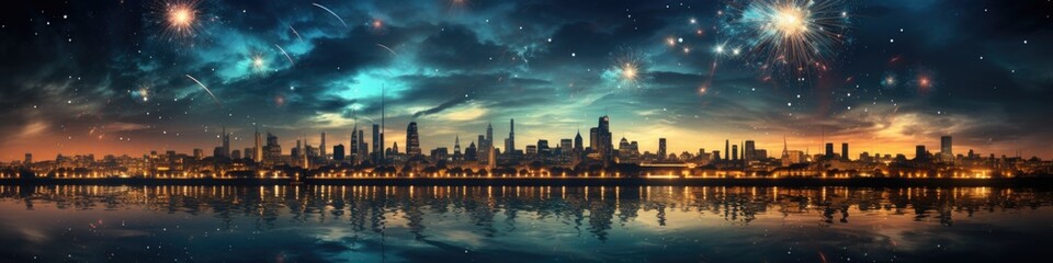 A view of a city with fireworks in the sky. AI image.