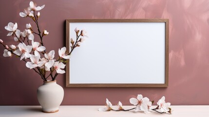 A vase with flowers and a picture frame on a table. Photorealistic AI. Floral frame mockup.