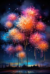 Fototapeta na wymiar Colorful fireworks in the night sky over a city. AI image. New year celebration.