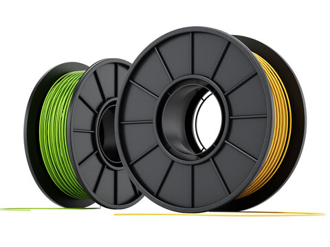 Generic new spools of 3D filaments isolated on transparent background. 3D illustration