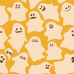 Seamless pattern with different ghosts on a yellow background. Cute ghosts with different facial expressions. Halloween Happy holiday. Vector illustration.