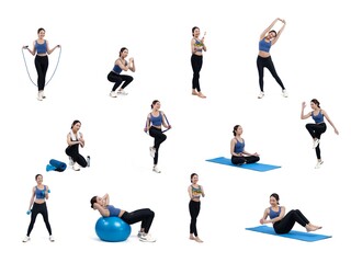 Collection of body workout training with exercise posture for athletic woman in different various exercising pose sequence in full body studio shot on isolated background. Vigorous