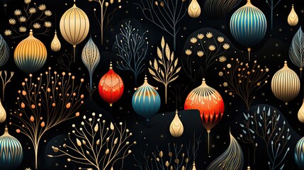  a black background with a variety of colorful ornaments and trees.  generative ai