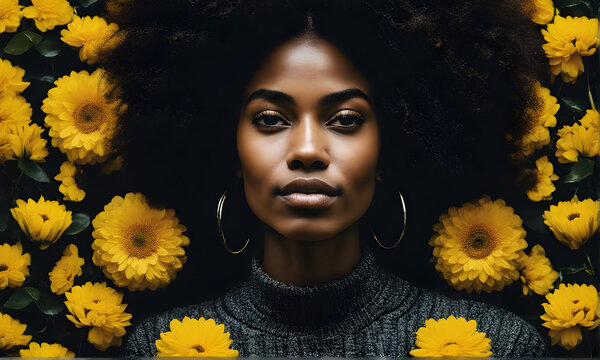 Beautiful black woman model among the flowers posing for a photo