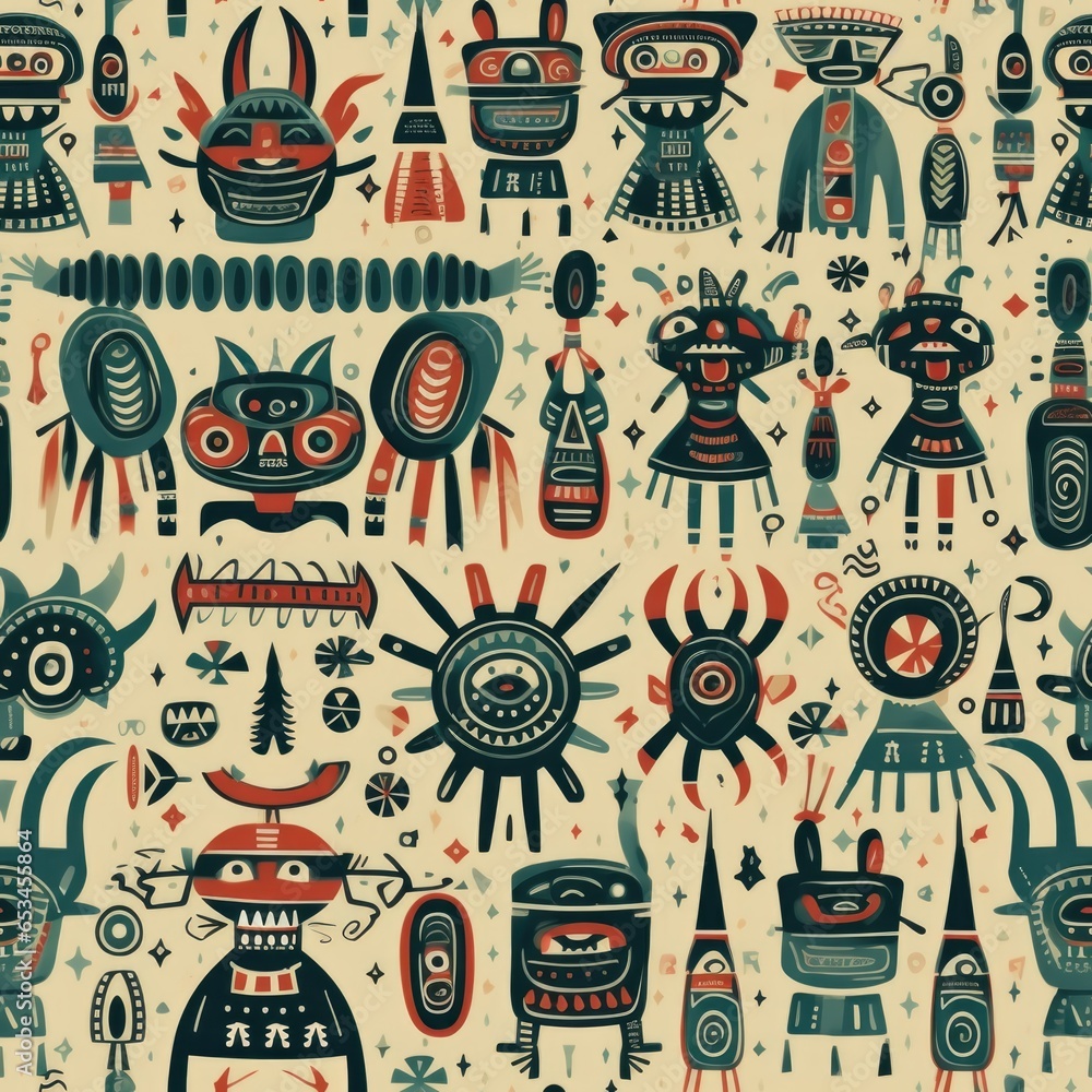 Poster a group of different types of art on a beige background. ai image. seamless pattern.