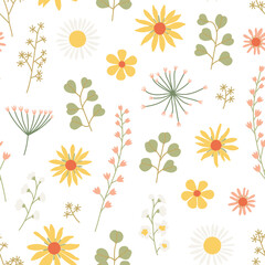 Fototapeta na wymiar Beautiful vintage floral seamless pattern with wild flowers on white background. Wallpaper print. Vector illustration
