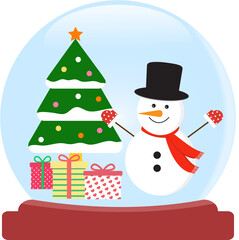 Christmas globe.Snowman with gifts and tree celebrate happy time.Vector illustration.