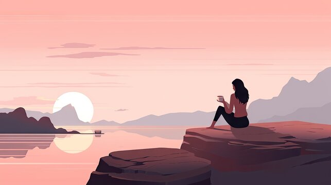  a woman sitting on a cliff overlooking a body of water.  generative ai