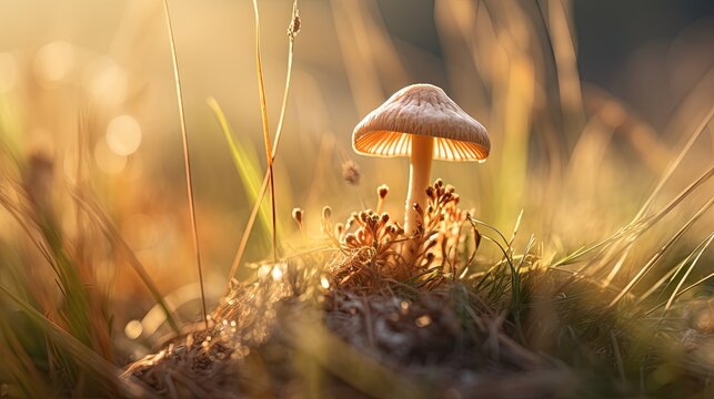  a small mushroom sitting on top of a patch of grass.  generative ai