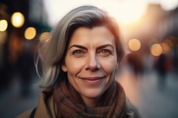 Obraz premium Portrait of a stylish beautiful woman 50 years old in autumn fashion walking through the city and looking at the camera.. generative AI