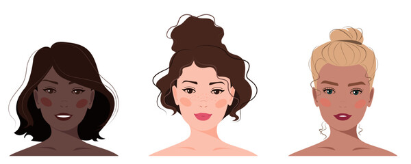 Set of portraits of women with different hair. Diversity of skin colors. Vector illustration. Avatar for a social network. Vector flat illustration, web, design, beauty, make up and social media.	