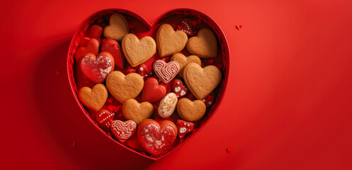 Assortment of love cookies in a heart-shaped box on a red background