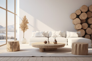 living room with white furniture and wooden logs