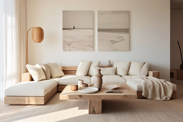 Fototapeta na wymiar living room with white walls and wooden furniture