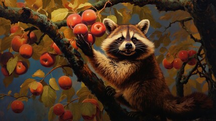  a painting of a raccoon in a tree with apples.  generative ai