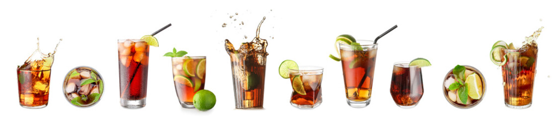 Set of Cuba Libre cocktails on white background