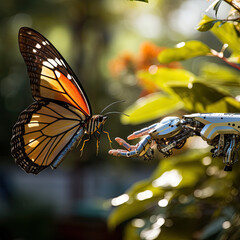 Robot hand  and butterfly. Science fiction day. AI generated picture.