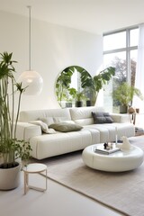 Cozy living room in a modern style with white seat sofa, table and plants. Generative AI