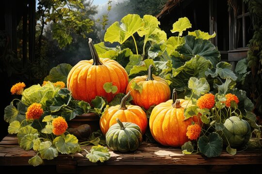 A bunch of pumpkins sitting on top of a wooden table. AI image.