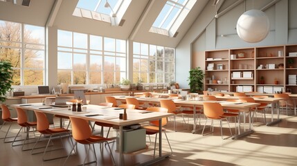 Classroom, space for learning and tutoring, school or university auditorium, concept: acquiring knowledge in an institution - obrazy, fototapety, plakaty
