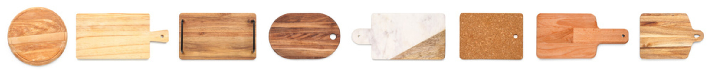 Set of many wooden boards on white background, top view