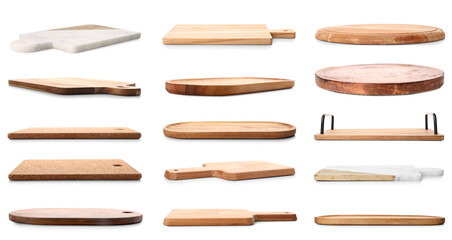 Set of different wooden boards on white background