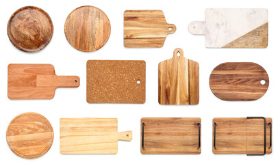 Set of many wooden cutting boards on white background, top view - Powered by Adobe