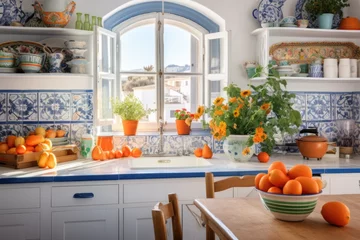 Fotobehang Maximalist style kitchen decorated in bright colors, with flowers and mediterranean design elements © Lazylizard