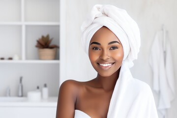 Beautiful smiling woman with the white towel on the bathroom background. Self care, spa concept
