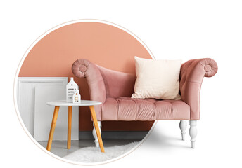 Stylish pink armchair with soft pillow, table and candle holders in living room - obrazy, fototapety, plakaty