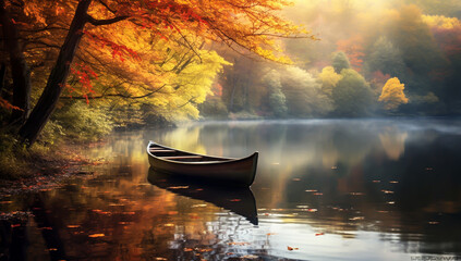 Autumn landscape with small wooden boat by the river bank. Generated AI