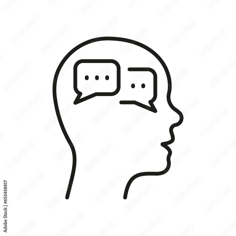 Poster inner dialog in human head line icon. person's internal conversation linear pictogram. dialog with y