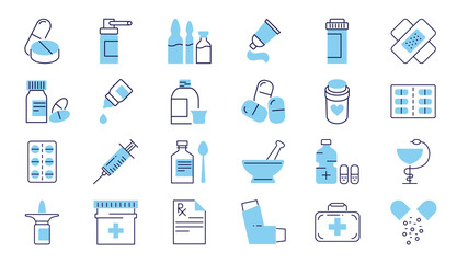Drugs Related Vector Icons set. Drugs signs. Contains such Icons as Pills, Spray, Syringe, First Aid, Gel, Recipe, Syrup, Pills Tube, Tooth Paste, Capsule, Vitamin, Inhaler, Eye Drops