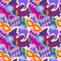 Hand drawn seamless pattern with carnival masks, snowflake and colourful abstract elements. Pink backgroud.For new year prints, textiles, paper.