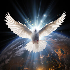 White dove and Earth planet in the background. World peace day concept. AI generated picture.