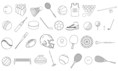 Hand drawn Kids drawing Cartoon Big set of sport equipment in doodle style