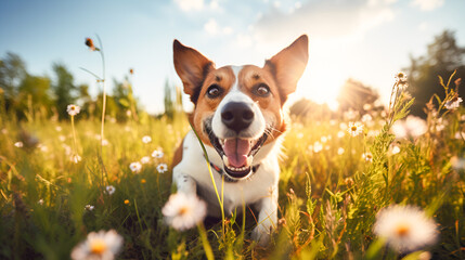 Funny portrait of a smiling Jack Russell Terrier dog playing in the meadow with copy space. Concept of products for protection against ticks and fleas. - obrazy, fototapety, plakaty