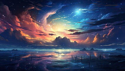 Piękne nocne niebo pełne gwiazd. Obraz w stylu anime - obrazy, fototapety, plakaty